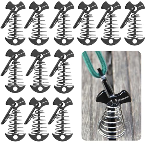 XINCAMPING Deck Anchors with Carabiners - 12pcs 7075 Aluminum Deck Tie Down Anchor Fishbone Stake Tent Stakes Windproof Rope Tighteners & Adjusters for Tents Canopies Camping Furniture Black