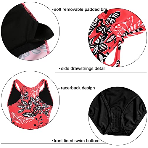 Firpear Bathing Suits For Women Drawstring Swim Top With Bottom Tummy Control Tankini Swimsuits Scoop Neck Two Piece Plus Size Swimwear Us16 Red Floral #TOP6