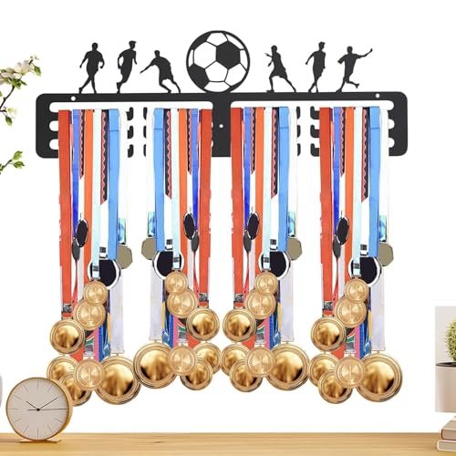 Almacenamiento de trofeos de fútbol, carrera y natación en soporte de pared para atletas ganadores