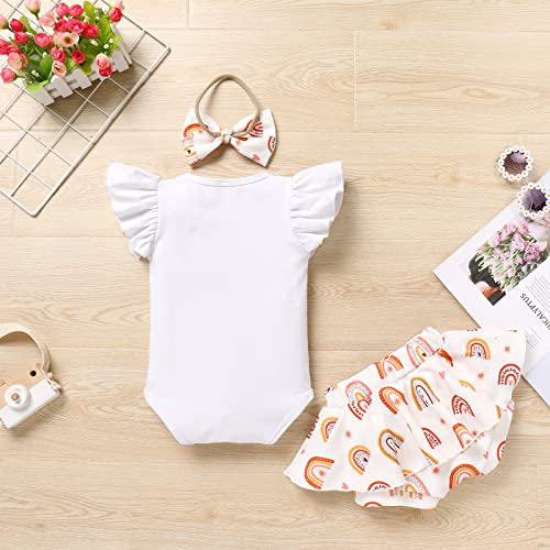 IMEKIS Baby Girls 1st Birthday Outfit Sunflower Peach Romper + Ruffled Shorts + Headband Set for Cake Smash Photo Shoot2