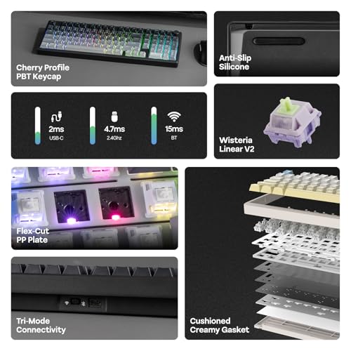 Image of EPOMAKER Galaxy100 Lite QMK /VIA Gaming Keyboard with 8000mAh Battery and Numpad, 1800 Aluminum Mechanical Keyboard, USB-C /BT /2.4Ghz, Hot-Swap, Creamy Sound (Black, Wisteria Linear Switch)