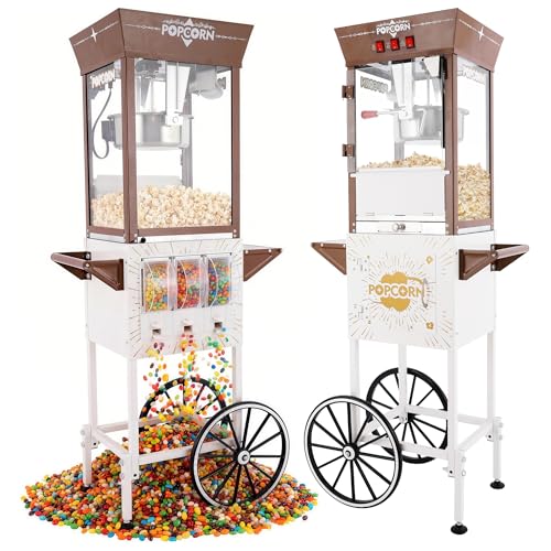 Image of 12oz Popcorn Machine Cart with Candy Dispenser, Retro Professional Popcorn Maker, Movie Theater Style Popper on Wheels, Pop Corn Machine for Home Party, Commercial (Brown and White)