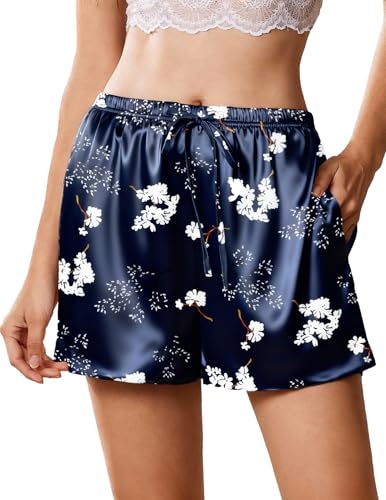 Image of Ekouaer Womens Silk Satin Pajama Short 2026 Summer Casual Sleep Shorts Lounge Sleep Pj Short with Pockets Soft Lounge Shorts