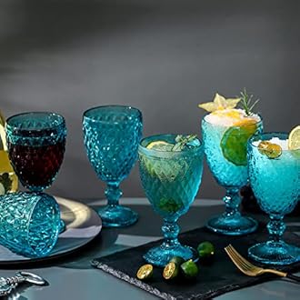 1500 C Tabletop Blue Colored Goblet Glasses 10 oz. set of 6 Water Goblets Vintage Glassware Embossed with Diamond Pattern for Iced Tea Beverage for Party and Wedding