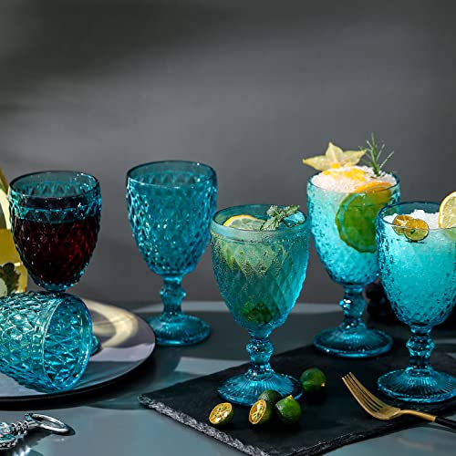 1500 C Tabletop Blue Colored Goblet Glasses 10 oz. set of 6 Water Goblets Vintage Glassware Embossed with Diamond Pattern for Iced Tea Beverage for Party and Wedding