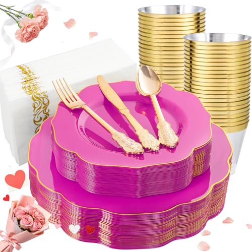 NOCCUR 175PCS Hot Pink Plastic Plates with Gold Disposable Silverware - Include 50 Hot Pink Plates 25 Knives 25 Forks 25 Spoons 25 Cups and 25 Napkins - Ideal for Party/Wedding/Banquet