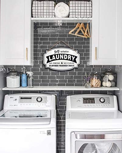 Funly mee Vintage Metal Laundry Room Sign Hanging with Jute Rope,Self-service Laundry Room Wall Decor-40.5x26(cm)