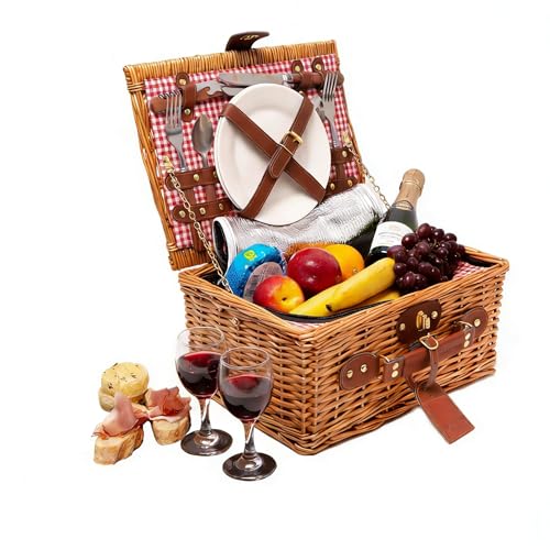 eGenuss Cesta de Picnic de Mimbre para 2 Personas con Bolsa Térmica y Vajilla Completa – Platos de Cerámica, Copas de Vidrio y Cubiertos de Acero Inoxidable