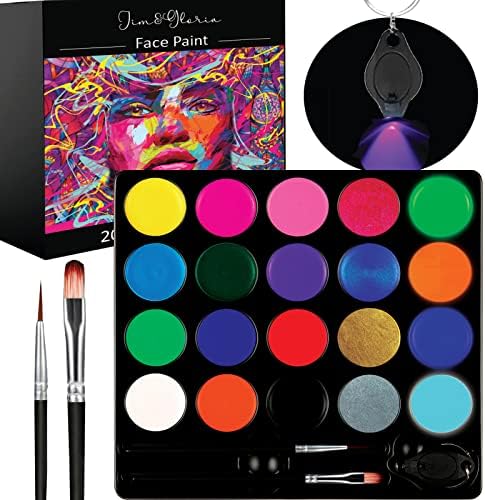 Jim&Gloria Day and Night 20 Face Paint Colors Includes 12 Day Colors 4 UV Glow in The Dark 4 Metallic and Brushes - Safe Body Face Painting Kit for Kids Halloween Party Tattoo Skin Makeup Trendy Gift