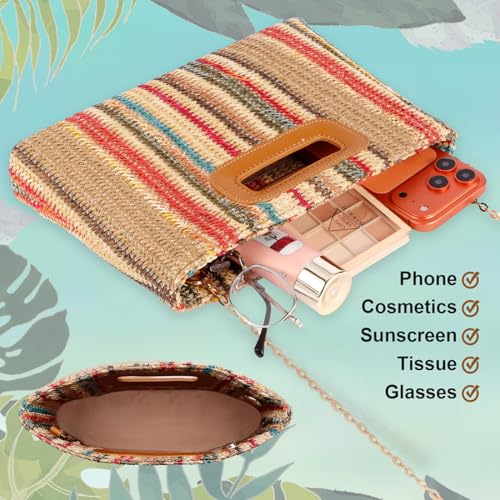 Image of Beach Clutch Bag Straw Summer Clutch Purses for Women Handmade Woven Purse Detachable Gold Chain, Crossbody