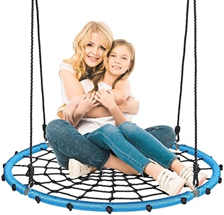 Warmounts 40’’Flying Saucer Web Tree Swing with Adjustable Tree Rope,Round Tree Swing Indoor Outdoor,Play Set Swing for Kids Adults,Weight Bearing 300~600 Pounds,Blue