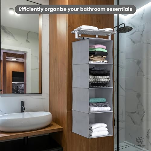 Image of MY ARMOR Hanging Shelf Cloth Storage Organizer, Universal Fit Hanging Closet Organizer for Wardrobe, 10 x 12 x 35 Inches (Grey, 4 Tier Shelf Pack of 2)