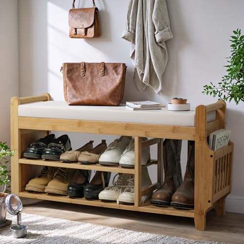 Yeshomy 2 Tier Shoe Rack Bench With Hidden Drawer And Side Holder, Bamboo Storage Organizer For Entryway Hallway Living Room cover