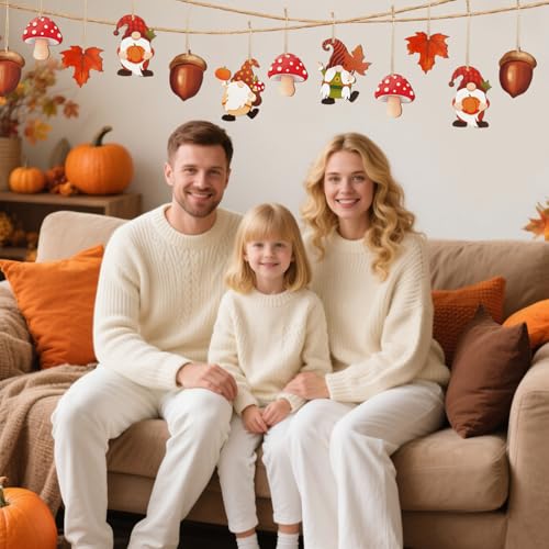 Herbstdeko zum Aufhängen, 12er Holzanhänger Herbst Dekoration – Herbst Wichtel Ahornblatt Eichel Pilz mit Schnur, Herbstdeko Innen Outdoor für Türkranz, Tisch, Fenster & Geschenk Herbstlicher