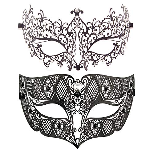 Masque vénitien en métal pour bal masqué pour couple - Masque de Mardi Gras (noir 2 + noir) Cover