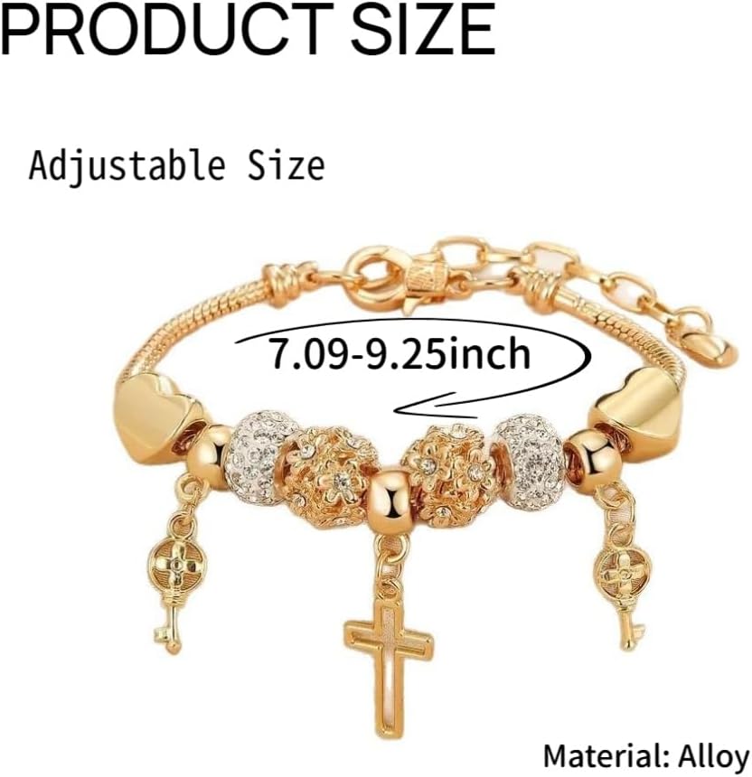 Gold Cross Beaded Bracelets for Women,Flower Cubic Zirconia Heart Pendent Adjustable Statement Trendy Non Tarnish Bracelets Jewelry Gifts for Women - Image 4