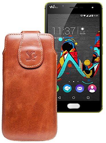 Suncase Étui de protection en cuir pour Wiko U Feel Prime Cognac