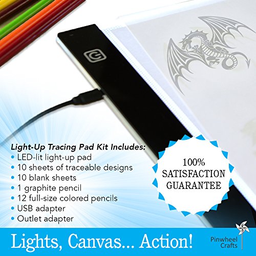 Pinwheel Crafts Light Up Tracing Pad for Kids, Provides Ultra Bright LED Light Box for Tracing and Easy Light Pad Tracing, Includes 10 Fun Tracing Light Box Designs, 12 Colored Pencils