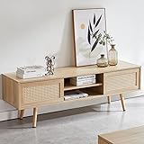 YOUGUO Rattan TV Stand for 65 Inch TV, Boho Entertainment Center with Natural Rattan Sliding Doors & Adjustable Shelf, Wood TV Media Console for Living Room, Natural