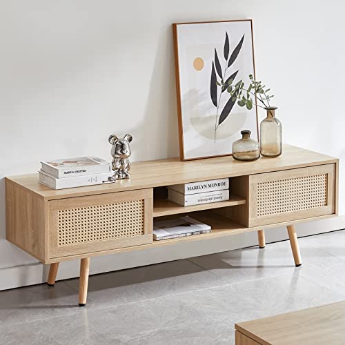 YOUGUO Wood TV Stand for 65+ Inch TV, Boho Television Stand with Natural Rattan Sliding Doors & Adjustable Shelf, Entertainment Center Media Console for Living Room Bedroom Media Room