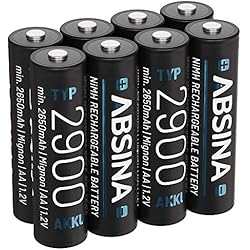 ABSINA 8X Pilas Recargables AA 2900 NiMH - Pila Recargable AA 1,2V & mín. 2650mAh - Pilhas recarregáveis AA para Dispositivos de Alto Consumo - Bateria AA Recargable para Wii y Controles Xbox
