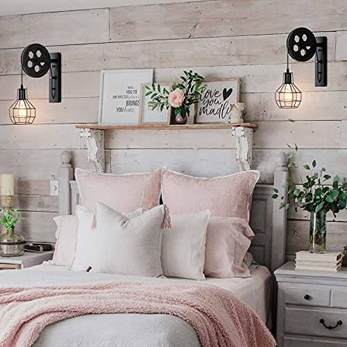 Baoden 1-Light Rustic Wall Light Lift Pulley With Matte Iron Cage Lampshade Industrial Mid Century Sconce For Indoor Lighting Barn Restaurant (Black Color) #TOP2
