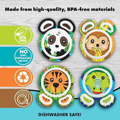 Bentology Zoo Friends Mealtime Melamine Feeding Plates - Set Of 4 Different Cute Animal Pal Dishes For Kids - Panda, Alligator, Tiger & Monkey - Divided Compartments, Bpa Free, Dishwasher Safe #TOP4
