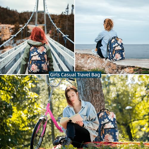 Image of Leaper Stylish School Backpack for Girls Women Laptop Backpack Water-resistant Travel Bag Satchel College Backpack Bookbag, Dark Blue-floral[8005 L], Large-15.6 inch, Casual