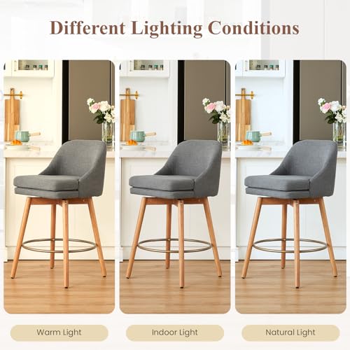 Image of kinmars Modern Bar Stools Set of 2,Swivel Counter Height Bar Stools with Soft Upholstered Back,Thick Seat,Wooden Legs, 27 inch Counter Stools for Kitchen Island (Gray, 4 Pieces - 27 inch Counter Height)