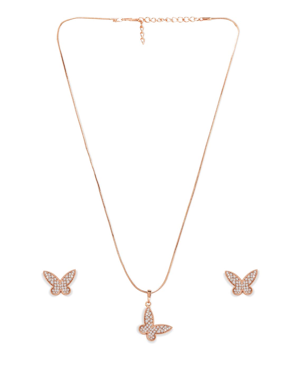 ZAVERI PEARLS Rose Gold Cubic Zirconia Contemporary Butterfly Pendant With Chain & Stud Earring Set For Women-ZPFK11033 (B09YP13ZKP) Amazon Price History, Amazon Price Tracker
