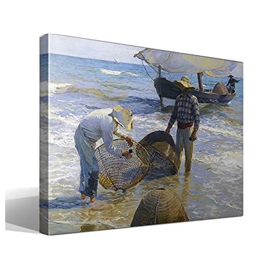 Cuadro wallart - Pescadores valencianos de Joaquín Sorolla y Bastida - Impresión sobre Lienzo de Algodón 100% - Bastidor de Madera 3x3cm - Ancho: 55cm - Alto: 40cm