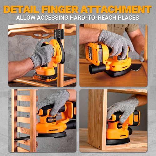 Cordless Mouse Sander for Wood: DEKOPRO 20V Detail Sander with Dust Collector and Battery 13000 RPM, 3 Additional Attachments 12PCS Sandpapers - Compact & Ideal for Tight Space Sanding Yellow-Black - Image 5