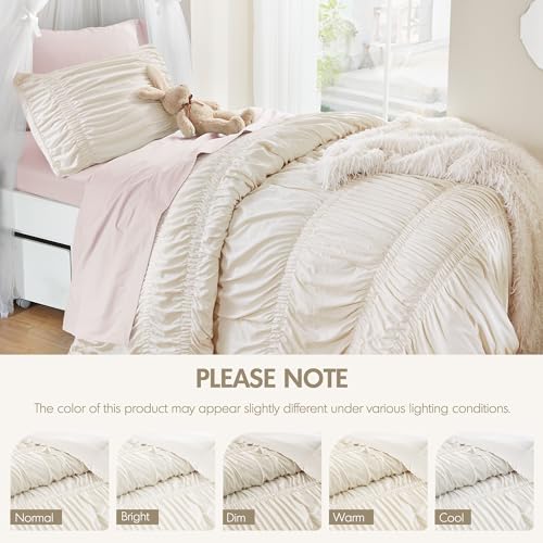 Image of Intelligent Design Ruched Shabby Chic Ivory Twin XL Comforter Set, 2pc | Back to School Girls Dorm Bedding Set, French Country, All Season Down Alternative, Cozy, Machine Washable, Lightweight