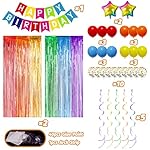 Multicolored Rainbow Birthday Party Decorations Pack with Banner, Balloons, Confetti, Fringe Curtain, Heart Star Foil Balloons, Hanging Swirls - Image 2