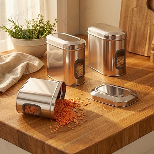 Image of Ebun Stainless Steel See Through Containers | Stainless Steel Container with Lid | Capsule Shape Steel Kitchen Containers Set | Steel Airtight Container | 1.5 Kgs Capacity Approx | Pack of 6