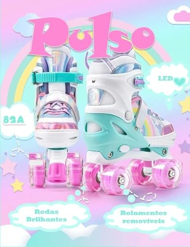 Patins 4 Rodas Tamanho Ajustável Com Rodas Led (Arco-Iris Rosa, P - 28 a 31)
