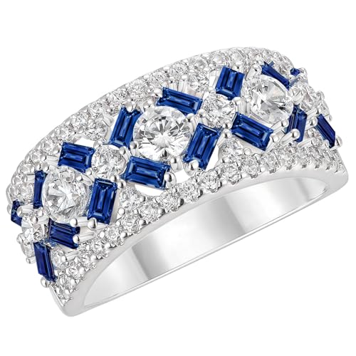 SHELOVES White CZ and Blue Created Sapphire Wide Wedding Bands for Women Elegant White Gold Baguette Rings 5-10