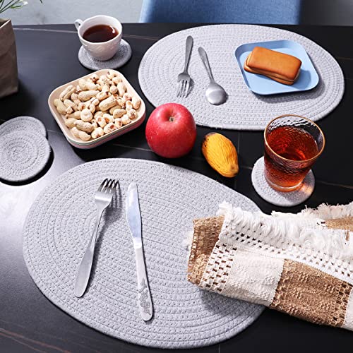 Dajamai 6 Pack Woven Placemats, 12X16 Inches Gray Oval Plate Charger Cotton Heat Resistant Non-Slip Weave Placemats Farmhouse Straw Braided Rattan Tablemats Wicker Placemats For Dining Table #TOP5