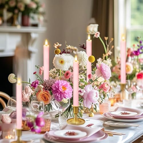 Image of KSWING Upgraded Real Wax LED Flameless Pink Taper Candles with Remote, 6 PCS Candlesticks Battery Operated 3D Flickering - 9.6 inch Long Realistic Fake Candle Sticks for Home /Wedding /Fireplace Xmas Decor