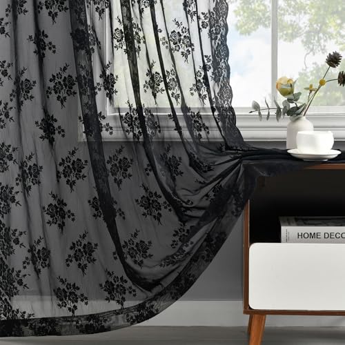 Kotile Black Lace Curtains 63 Inch Length 2 Panels, Country