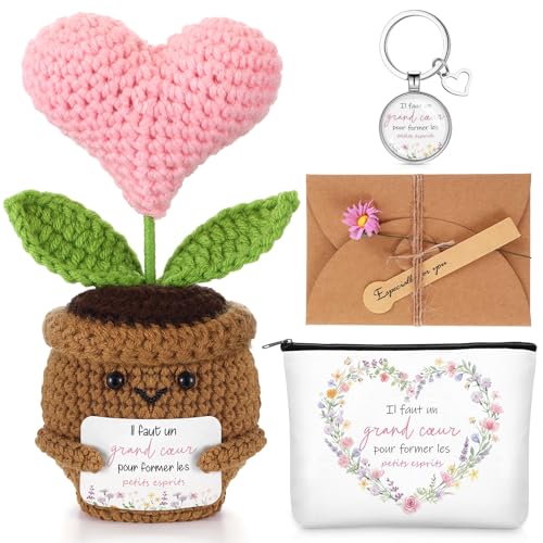 BBTO Cadeau Maitresse Idee Tricotée en Cœur Porte-Clés Trousse de Maquillag Carte de Vœux avec Fleur Séchée Cadeau Maitresse d'École Fin d'Année pour Anniversaire D’Enseignant (Professeur)