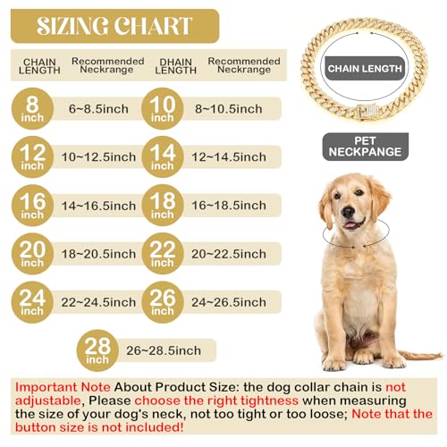 Image of Tallew Gold Dog Chain Diamond Collar Walking Metal Chain Necklace with Secure Buckle Pet Cuban Style Collar Jewelry Accessories for Small Medium Large Dog Cats (22 inch)