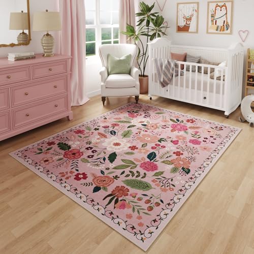 Image of Rugcomf Area Rug 4x6 Rug Washable Boho Rugs Non Slip Low Pile Floral Small Carpet for Bedroom, Bedside, Kids Room, Office, Dining Room(Pink)