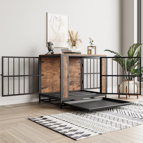 Dog Crate Furniture, Metal and Wooden Dog Crate, Dog Kennels with 3 Doors Indoor, Pet Puppy Crate End Table for Small Dog, Heavy Duty Dog House, Rustic Black and Brown - Image 4
