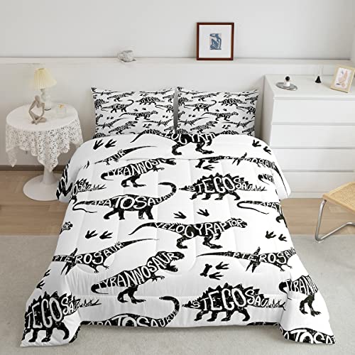 Feelyou Dinosaur Print Comforter Black and White Dino Alphabet Bedding Set for Kids Boys Girls Children Jungle Animal Wildlife Decor Comforter Set Ultra Soft Decor Duvet Set Full Size