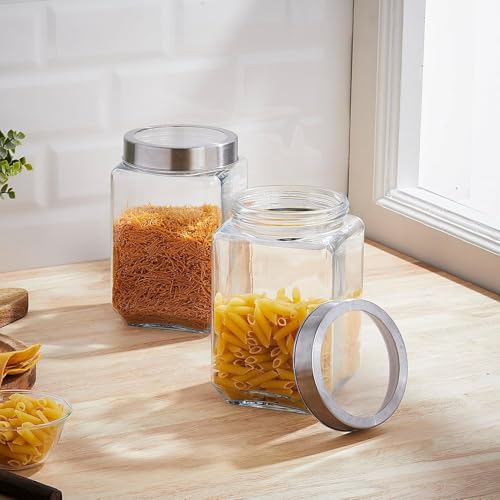 Image of CROCO JAR Square Glass Storage Containers 2250ml | Transparent Airtight Kitchen Jars with Steel Lid | Cubical Glass Jars for Pantry, Snacks, Dry Fruits, Masala, Pickle & Coffee Beans | Pack of 4