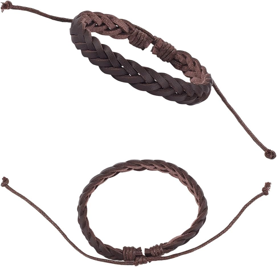 2PCS Adjustable Rustic Leather Wrist Band Braided PU Leather Bracelets Dark Brown Vintage Cuff Wrap Woven Rope Bracelet Wristband for Men Women Daily Wear Costume Party Gift