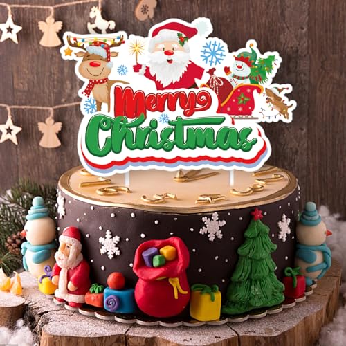 Yoomod Merry Christmas Cake Topper Decorations Christmas Cupcake Toppers - Holiday Party Baking Supplies Cake Decorating Kit with Reindeer Santa Christmas Tree Snowflake Candy Cane - Thumbnail 3