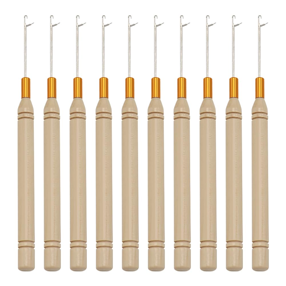 FSSTUD 10 Pcs Pulling Hook Needle Small Latch Hook Crochet Needle Hair Extensions Loop Needle Dreadlocks Crochet Hook Craft Thread Needle Hook with Wood Handle