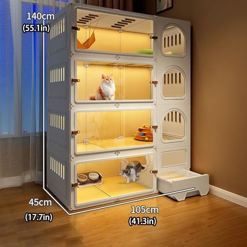 Large 2/3/4 Tier Cat Cages Indoor with Litter Box, Double Layer Cat Villa & Outdoor Patio Enclosure, White Pet Cage with Toilet for Cats, Perfect for Home Use.